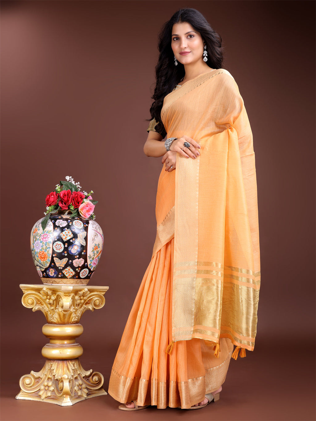 Shree Shyam Fashion Orange Cotton Woven Zari Work Traditional Tassel Saree | Grocsy