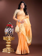 Shree Shyam Fashion Orange Cotton Woven Zari Work Traditional Tassel Saree | Grocsy