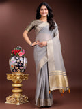 Shree Shyam Fashion Grey Cotton Woven Zari Work Traditional Tassel Saree | Grocsy