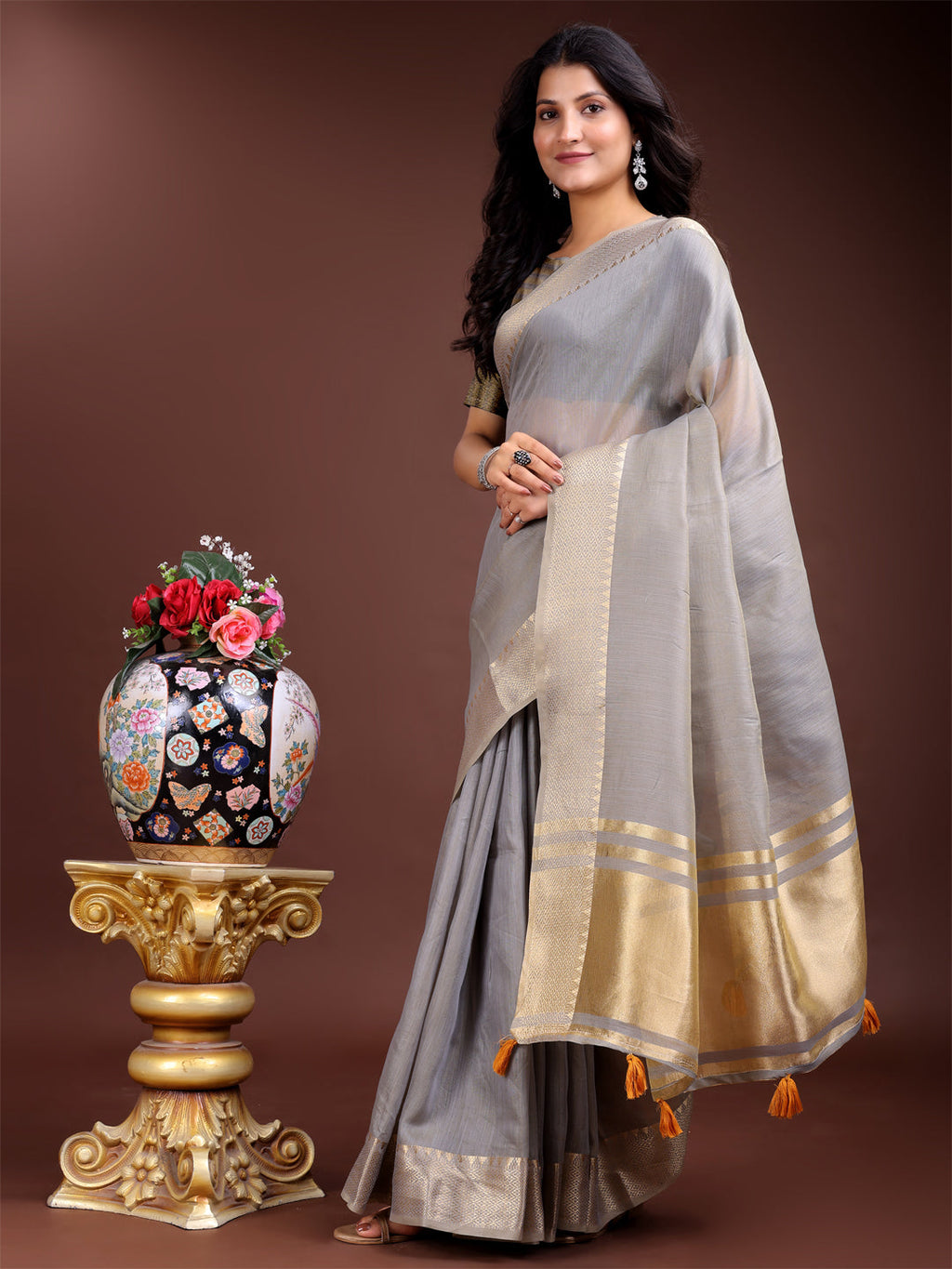 Shree Shyam Fashion Grey Cotton Woven Zari Work Traditional Tassel Saree | Grocsy