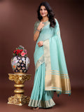 Shree Shyam Fashion Sea Green Cotton Woven Zari Work Traditional Tassel Saree | Grocsy