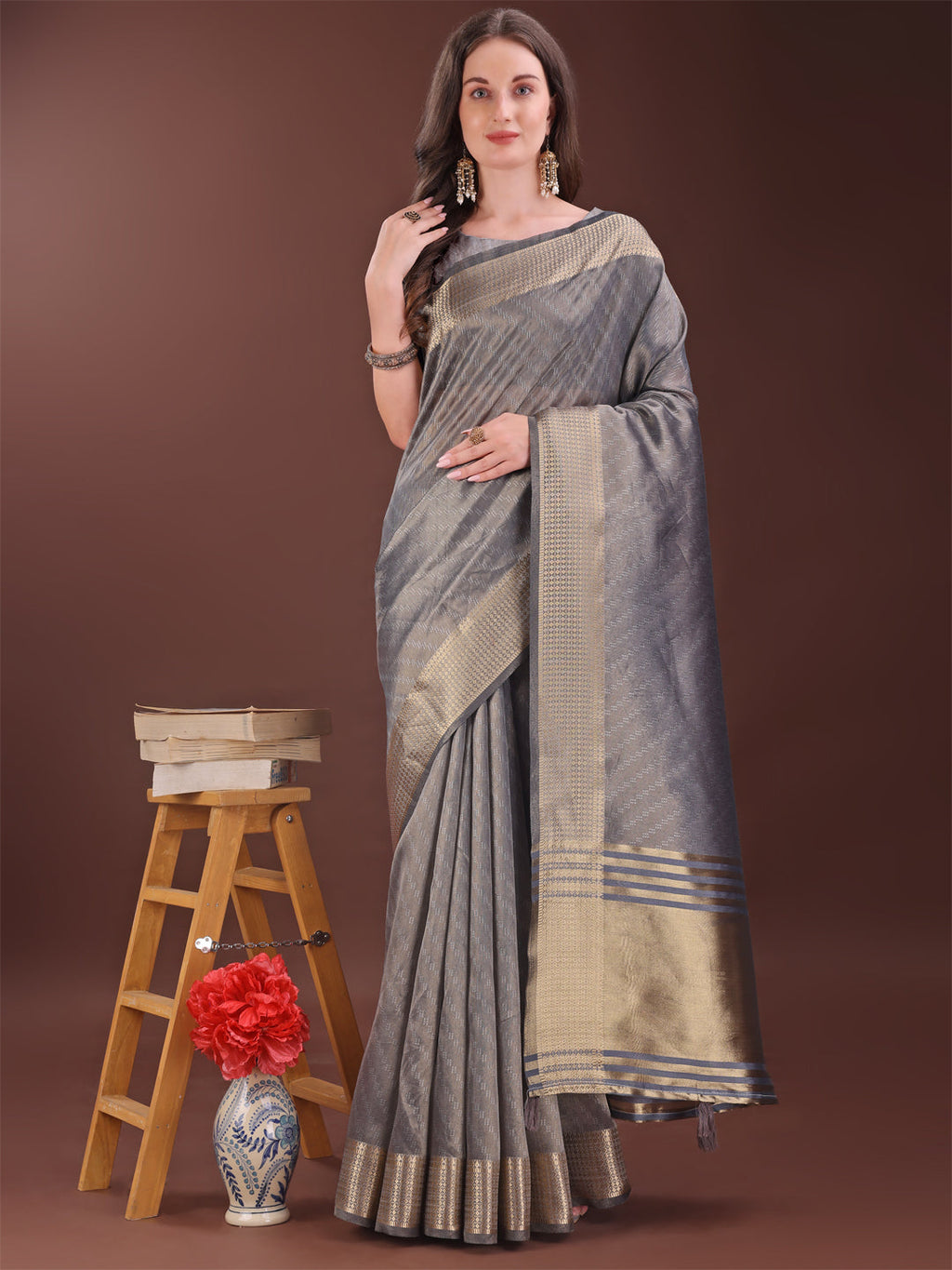 Shree Shyam Fashion Graceful Grey Organza Saree with Rich Golden Zari Border | Elegant Party Wear Saree with Blouse Piece | Grocsy