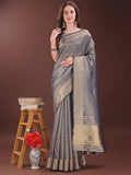 Shree Shyam Fashion Graceful Grey Organza Saree with Rich Golden Zari Border | Elegant Party Wear Saree with Blouse Piece | Grocsy