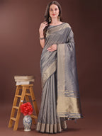 Shree Shyam Fashion Graceful Grey Organza Saree with Rich Golden Zari Border | Elegant Party Wear Saree with Blouse Piece | Grocsy