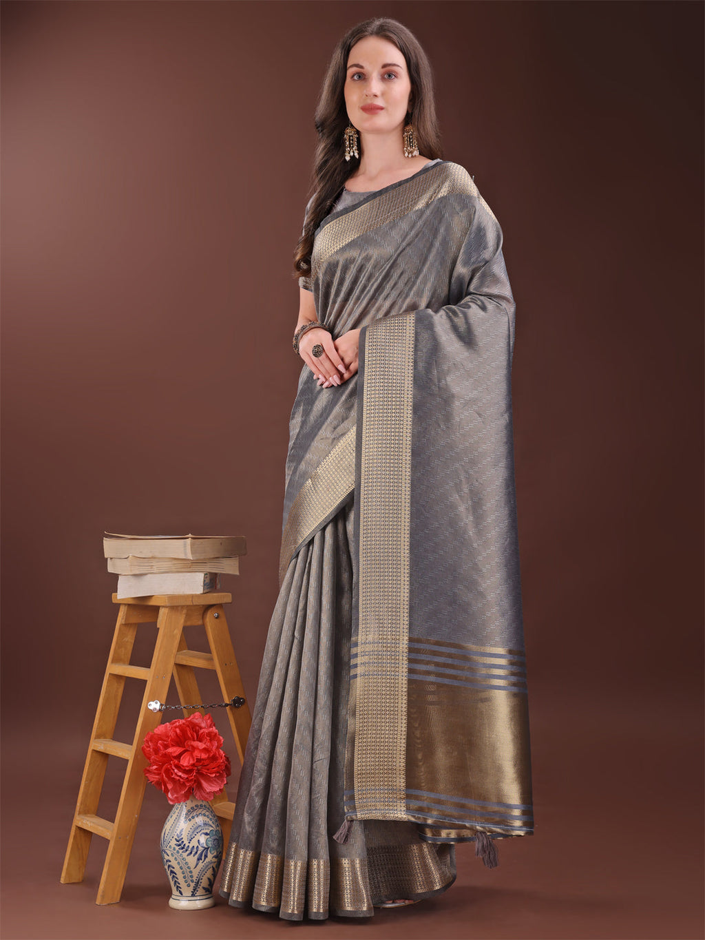 Shree Shyam Fashion Graceful Grey Organza Saree with Rich Golden Zari Border | Elegant Party Wear Saree with Blouse Piece | Grocsy