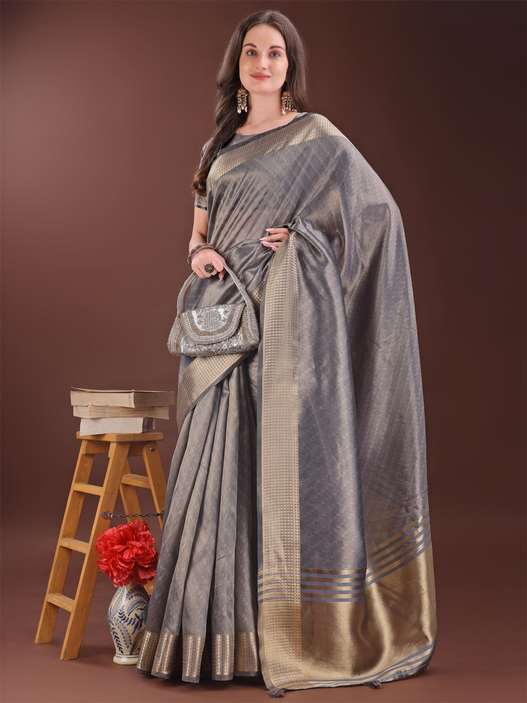 Shree Shyam Fashion Graceful Grey Organza Saree with Rich Golden Zari Border | Elegant Party Wear Saree with Blouse Piece | Grocsy