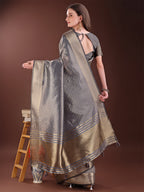 Shree Shyam Fashion Graceful Grey Organza Saree with Rich Golden Zari Border | Elegant Party Wear Saree with Blouse Piece | Grocsy