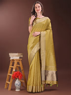 Shree Shyam Fashion Graceful Mustard Organza Saree with Rich Golden Zari Border | Elegant Party Wear Saree with Blouse Piece | Grocsy