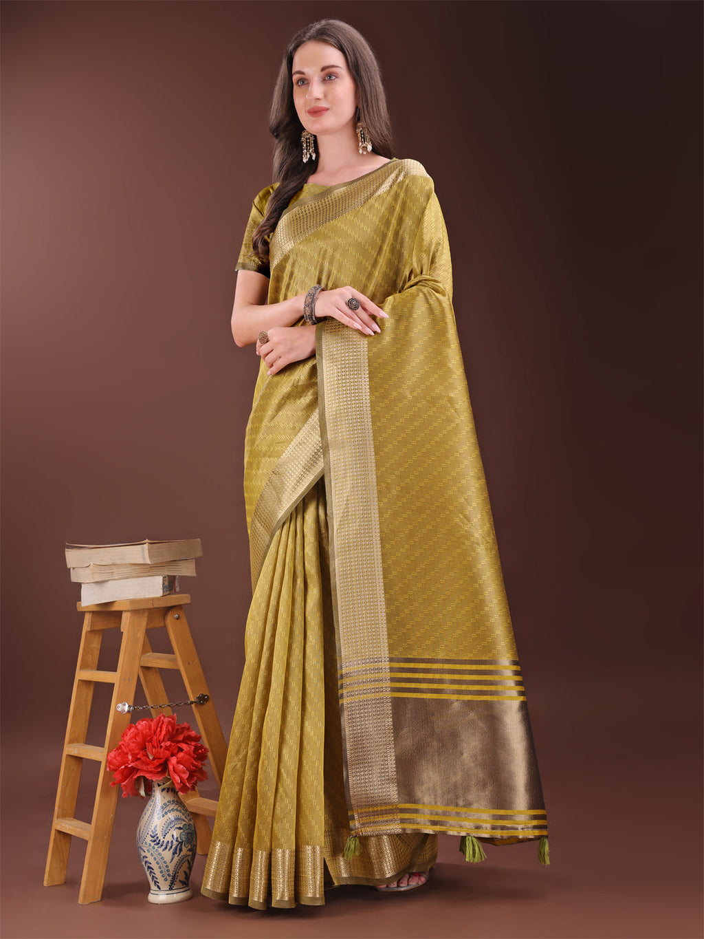 Shree Shyam Fashion Graceful Mustard Organza Saree with Rich Golden Zari Border | Elegant Party Wear Saree with Blouse Piece | Grocsy