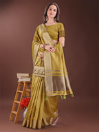 Shree Shyam Fashion Graceful Mustard Organza Saree with Rich Golden Zari Border | Elegant Party Wear Saree with Blouse Piece | Grocsy