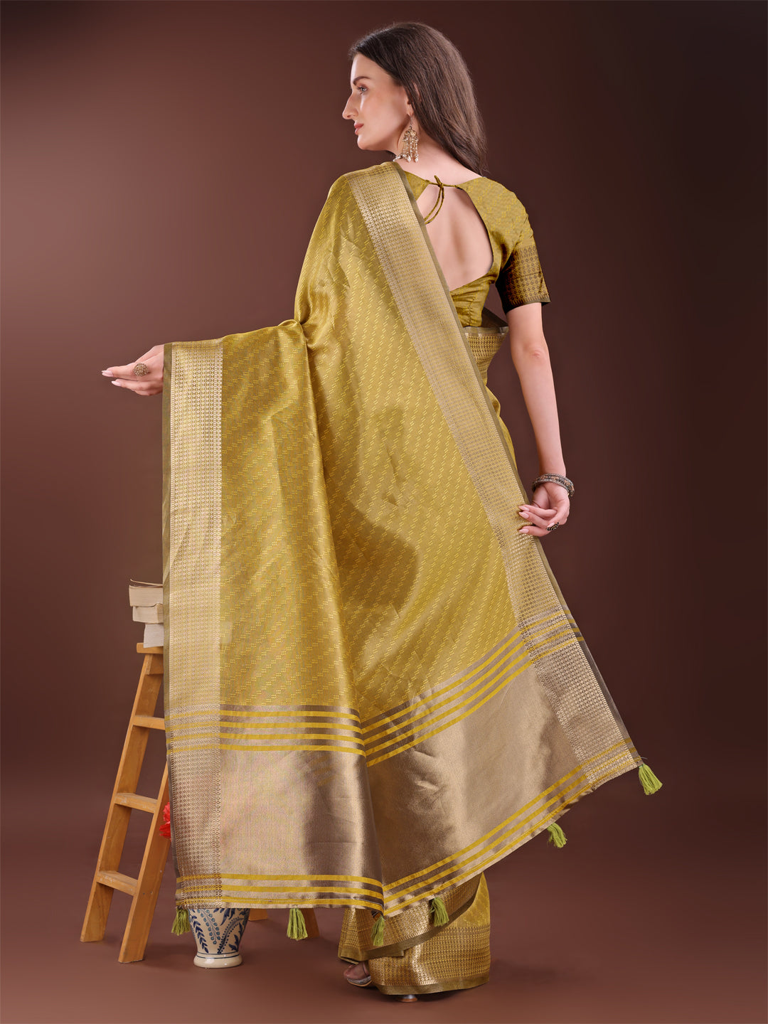 Shree Shyam Fashion Graceful Mustard Organza Saree with Rich Golden Zari Border | Elegant Party Wear Saree with Blouse Piece | Grocsy