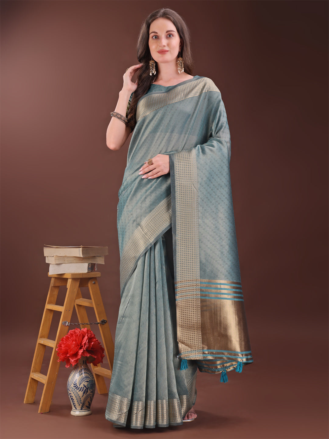 Shree Shyam Fashion Graceful Sea Green Organza Saree with Rich Golden Zari Border | Elegant Party Wear Saree with Blouse Piece | Grocsy