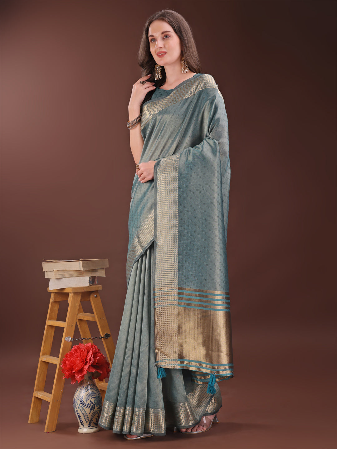 Shree Shyam Fashion Graceful Sea Green Organza Saree with Rich Golden Zari Border | Elegant Party Wear Saree with Blouse Piece | Grocsy