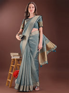 Shree Shyam Fashion Graceful Sea Green Organza Saree with Rich Golden Zari Border | Elegant Party Wear Saree with Blouse Piece | Grocsy