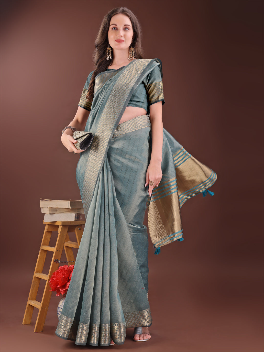 Shree Shyam Fashion Graceful Sea Green Organza Saree with Rich Golden Zari Border | Elegant Party Wear Saree with Blouse Piece | Grocsy