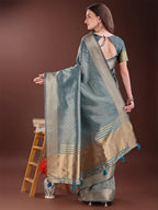 Shree Shyam Fashion Graceful Sea Green Organza Saree with Rich Golden Zari Border | Elegant Party Wear Saree with Blouse Piece | Grocsy