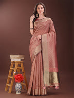 Shree Shyam Fashion Graceful Peach Organza Saree with Rich Golden Zari Border | Elegant Party Wear Saree with Blouse Piece | Grocsy