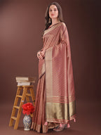 Shree Shyam Fashion Graceful Peach Organza Saree with Rich Golden Zari Border | Elegant Party Wear Saree with Blouse Piece | Grocsy