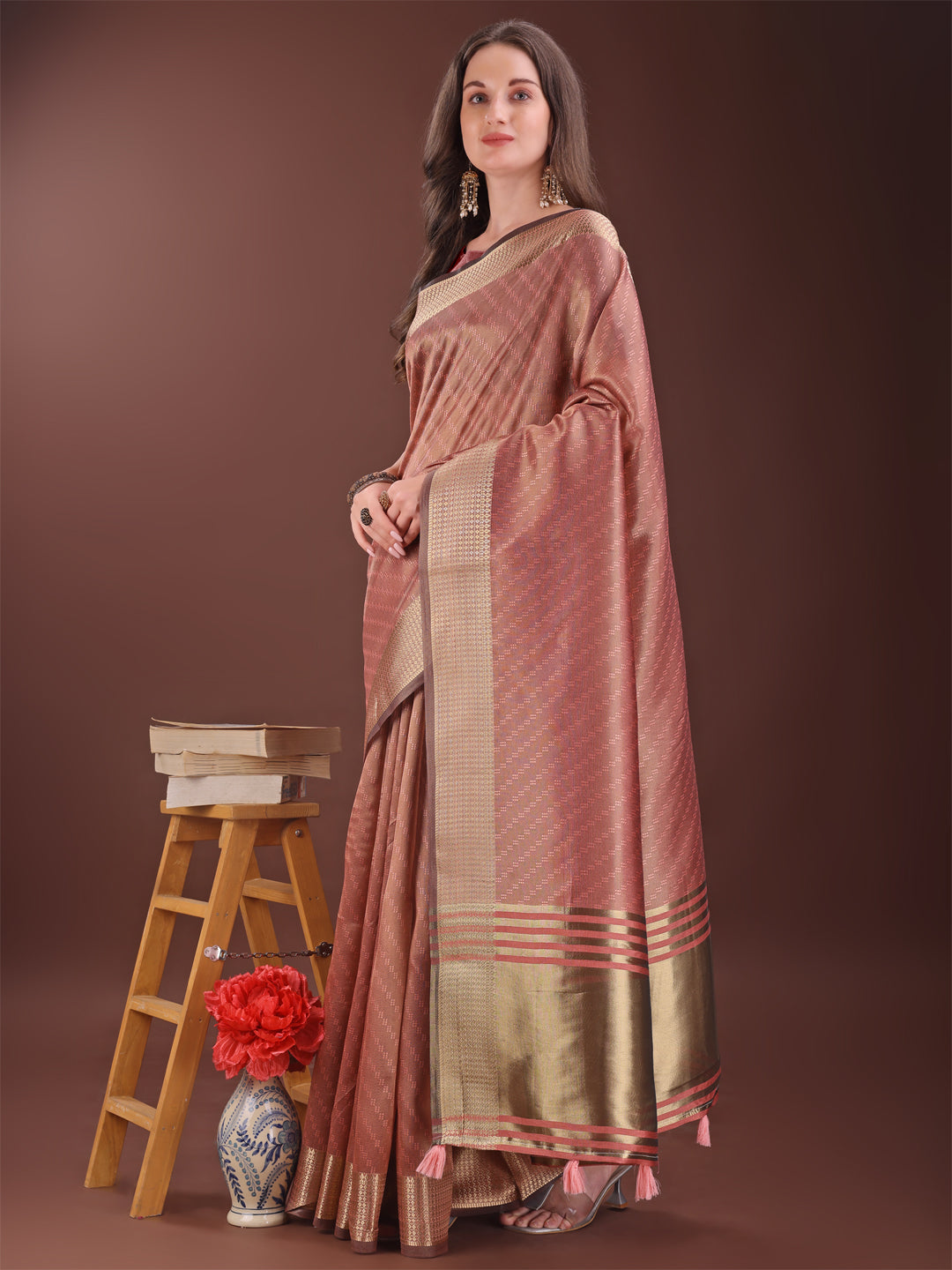 Shree Shyam Fashion Graceful Peach Organza Saree with Rich Golden Zari Border | Elegant Party Wear Saree with Blouse Piece | Grocsy