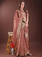 Shree Shyam Fashion Graceful Peach Organza Saree with Rich Golden Zari Border | Elegant Party Wear Saree with Blouse Piece | Grocsy
