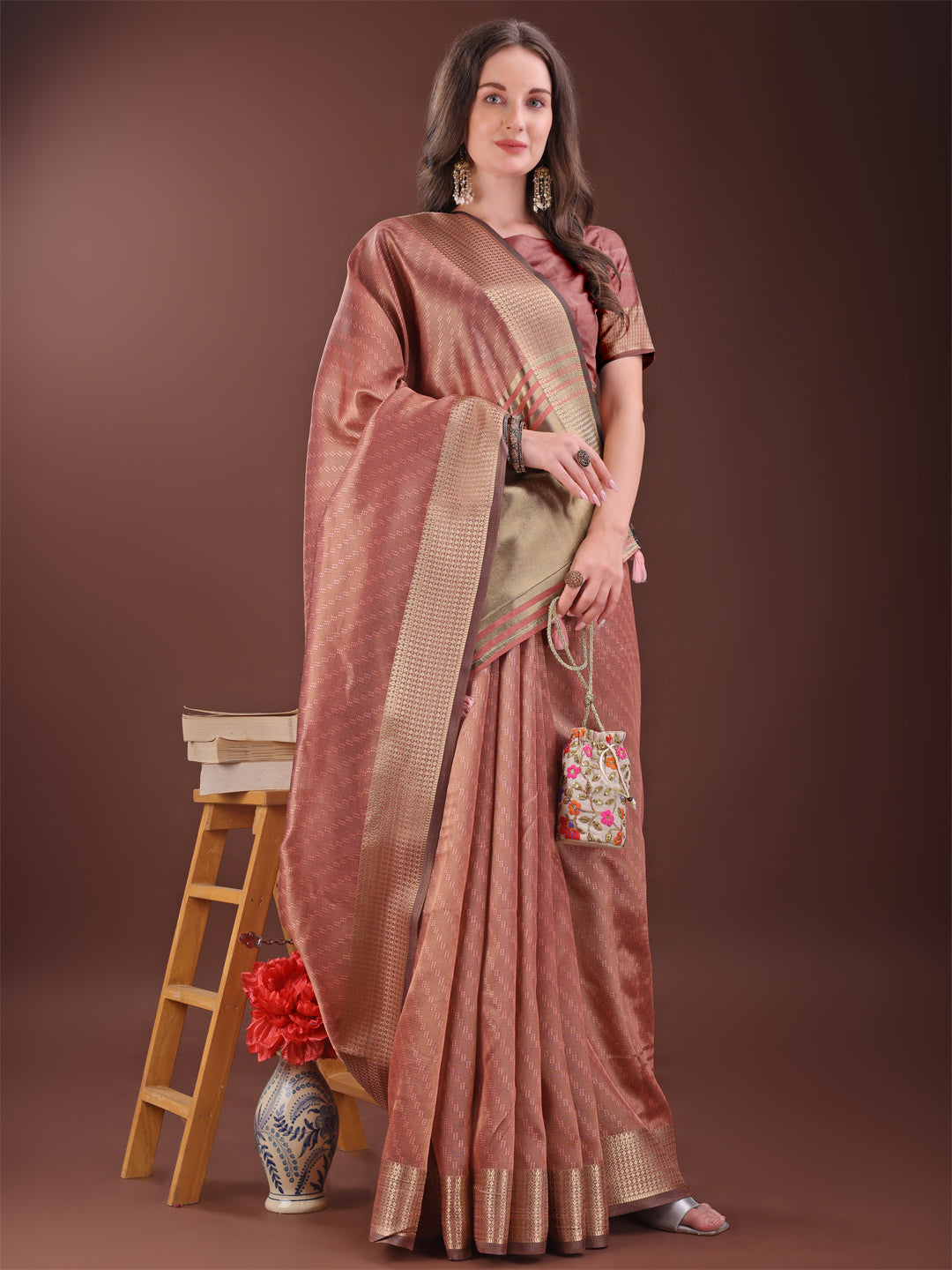 Shree Shyam Fashion Graceful Peach Organza Saree with Rich Golden Zari Border | Elegant Party Wear Saree with Blouse Piece | Grocsy