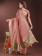 Shree Shyam Fashion Graceful Peach Organza Saree with Rich Golden Zari Border | Elegant Party Wear Saree with Blouse Piece | Grocsy