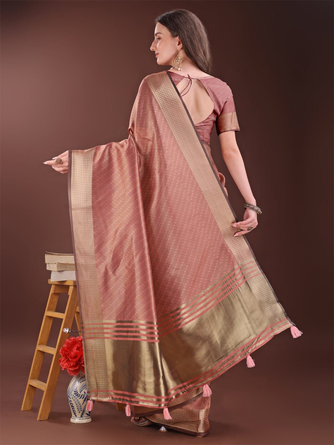 Shree Shyam Fashion Graceful Peach Organza Saree with Rich Golden Zari Border | Elegant Party Wear Saree with Blouse Piece | Grocsy