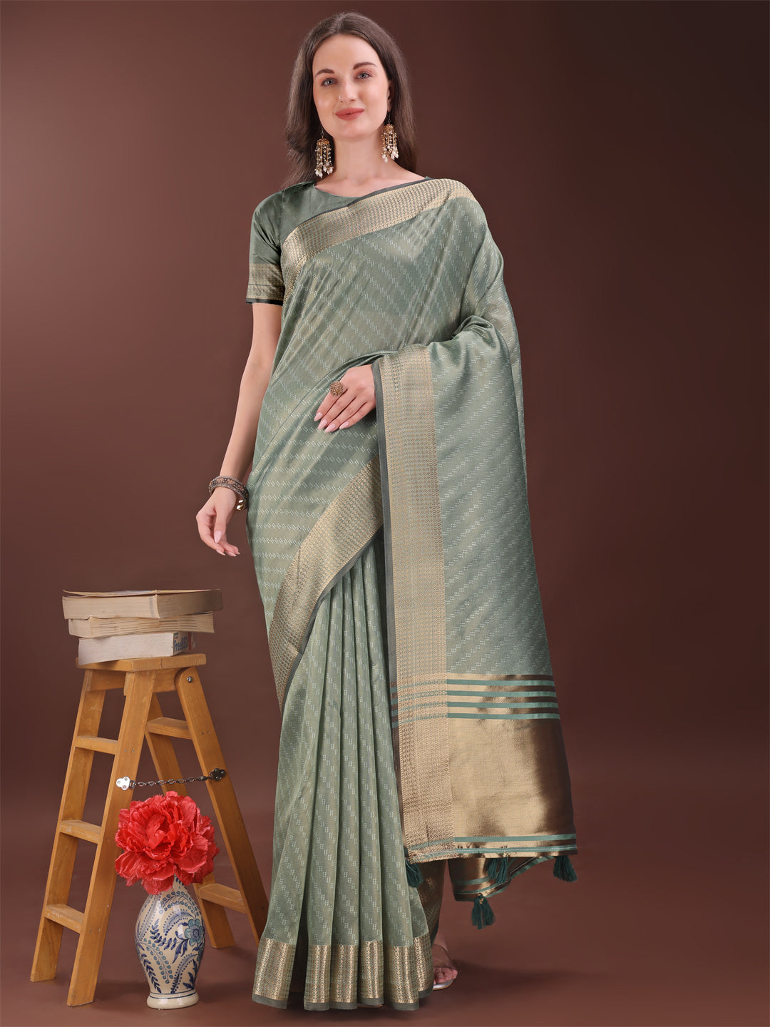 Shree Shyam Fashion Graceful Green Organza Saree with Rich Golden Zari Border | Elegant Party Wear Saree with Blouse Piece | Grocsy