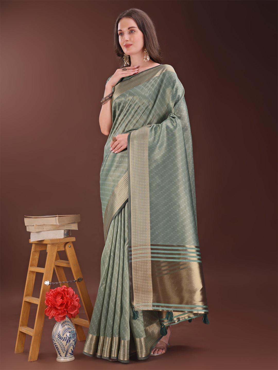 Shree Shyam Fashion Graceful Green Organza Saree with Rich Golden Zari Border | Elegant Party Wear Saree with Blouse Piece | Grocsy