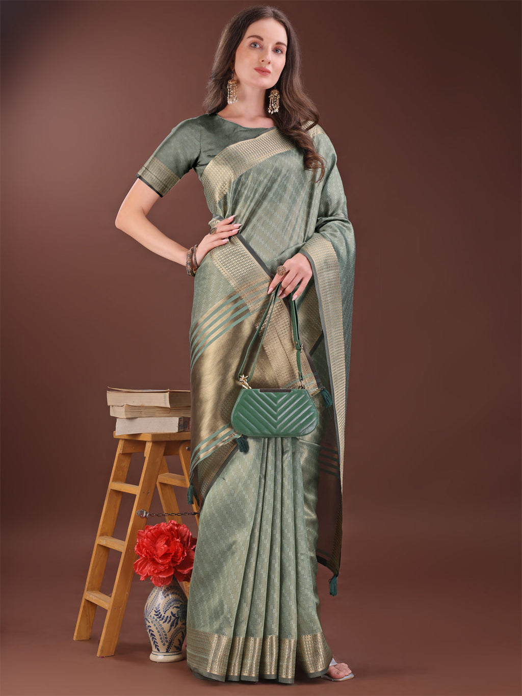 Shree Shyam Fashion Graceful Green Organza Saree with Rich Golden Zari Border | Elegant Party Wear Saree with Blouse Piece | Grocsy