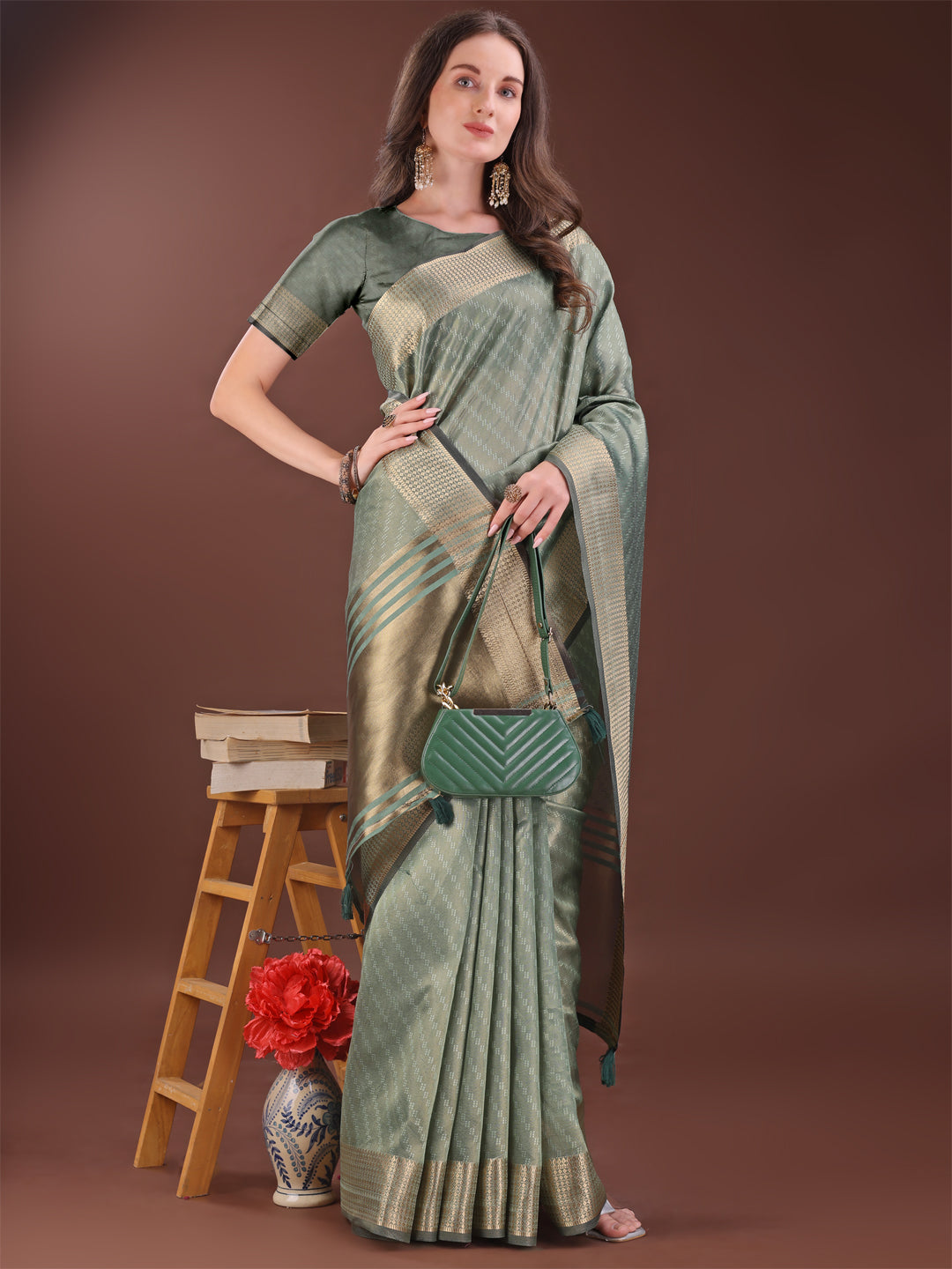 Shree Shyam Fashion Graceful Green Organza Saree with Rich Golden Zari Border | Elegant Party Wear Saree with Blouse Piece | Grocsy