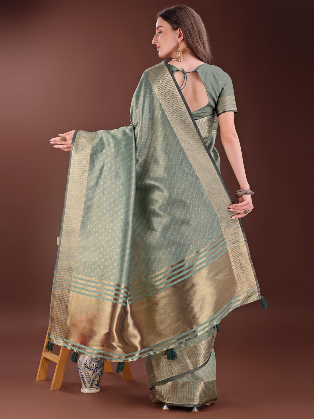 Shree Shyam Fashion Graceful Green Organza Saree with Rich Golden Zari Border | Elegant Party Wear Saree with Blouse Piece | Grocsy