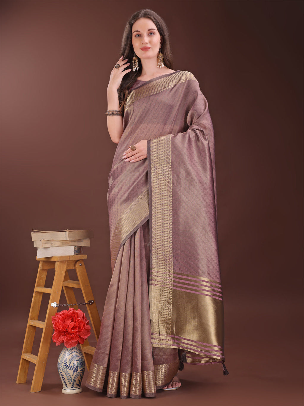 Shree Shyam Fashion Graceful Magenta Organza Saree with Rich Golden Zari Border | Elegant Party Wear Saree with Blouse Piece | Grocsy
