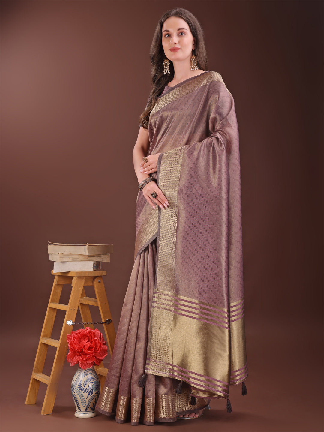 Shree Shyam Fashion Graceful Magenta Organza Saree with Rich Golden Zari Border | Elegant Party Wear Saree with Blouse Piece | Grocsy