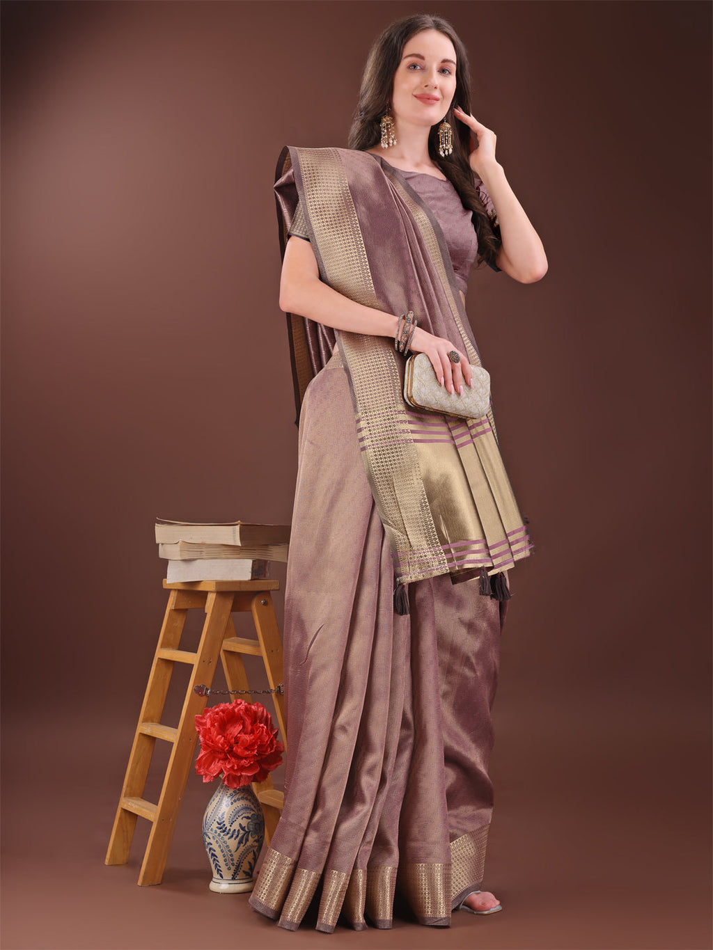 Shree Shyam Fashion Graceful Magenta Organza Saree with Rich Golden Zari Border | Elegant Party Wear Saree with Blouse Piece | Grocsy