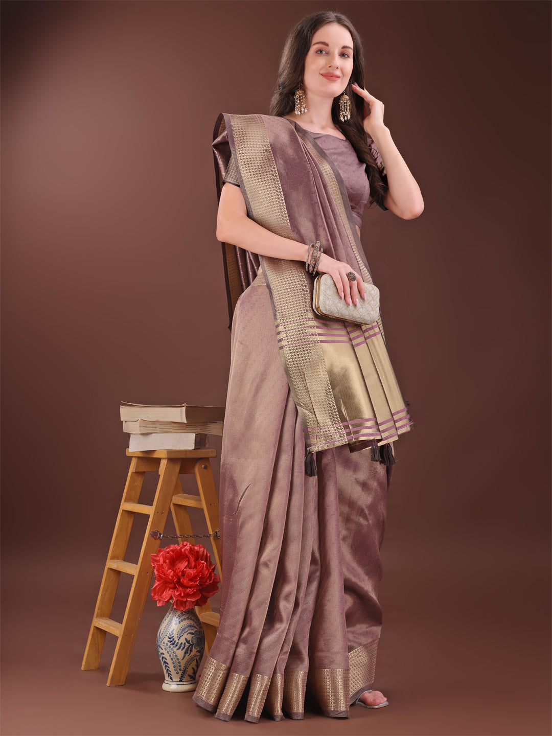 Shree Shyam Fashion Graceful Magenta Organza Saree with Rich Golden Zari Border | Elegant Party Wear Saree with Blouse Piece | Grocsy