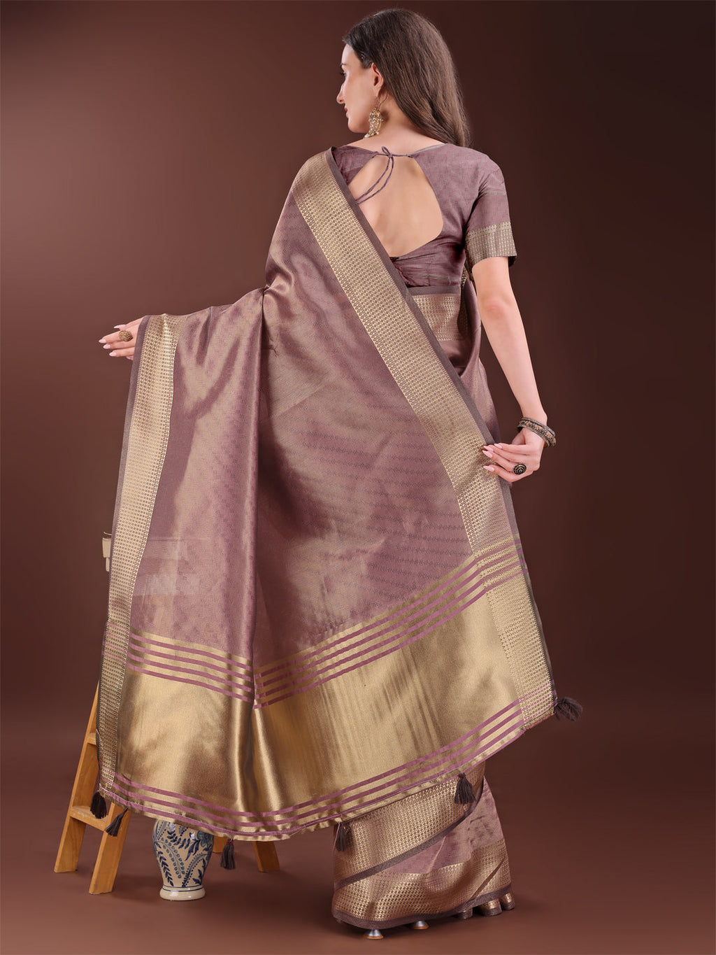 Shree Shyam Fashion Graceful Magenta Organza Saree with Rich Golden Zari Border | Elegant Party Wear Saree with Blouse Piece | Grocsy
