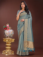 Shree Shyam Fashion Teal Blue Organza Saree with Golden Zari Border | Elegant Soft Lightweight Party Wear Saree with Blouse | Grocsy