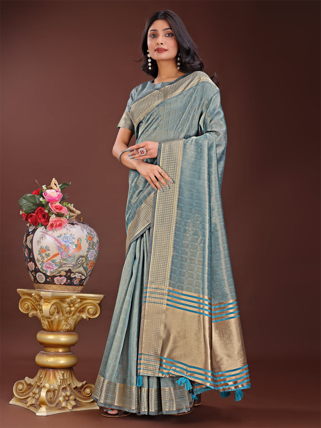 Shree Shyam Fashion Teal Blue Organza Saree with Golden Zari Border | Elegant Soft Lightweight Party Wear Saree with Blouse | Grocsy
