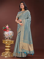 Shree Shyam Fashion Teal Blue Organza Saree with Golden Zari Border | Elegant Soft Lightweight Party Wear Saree with Blouse | Grocsy