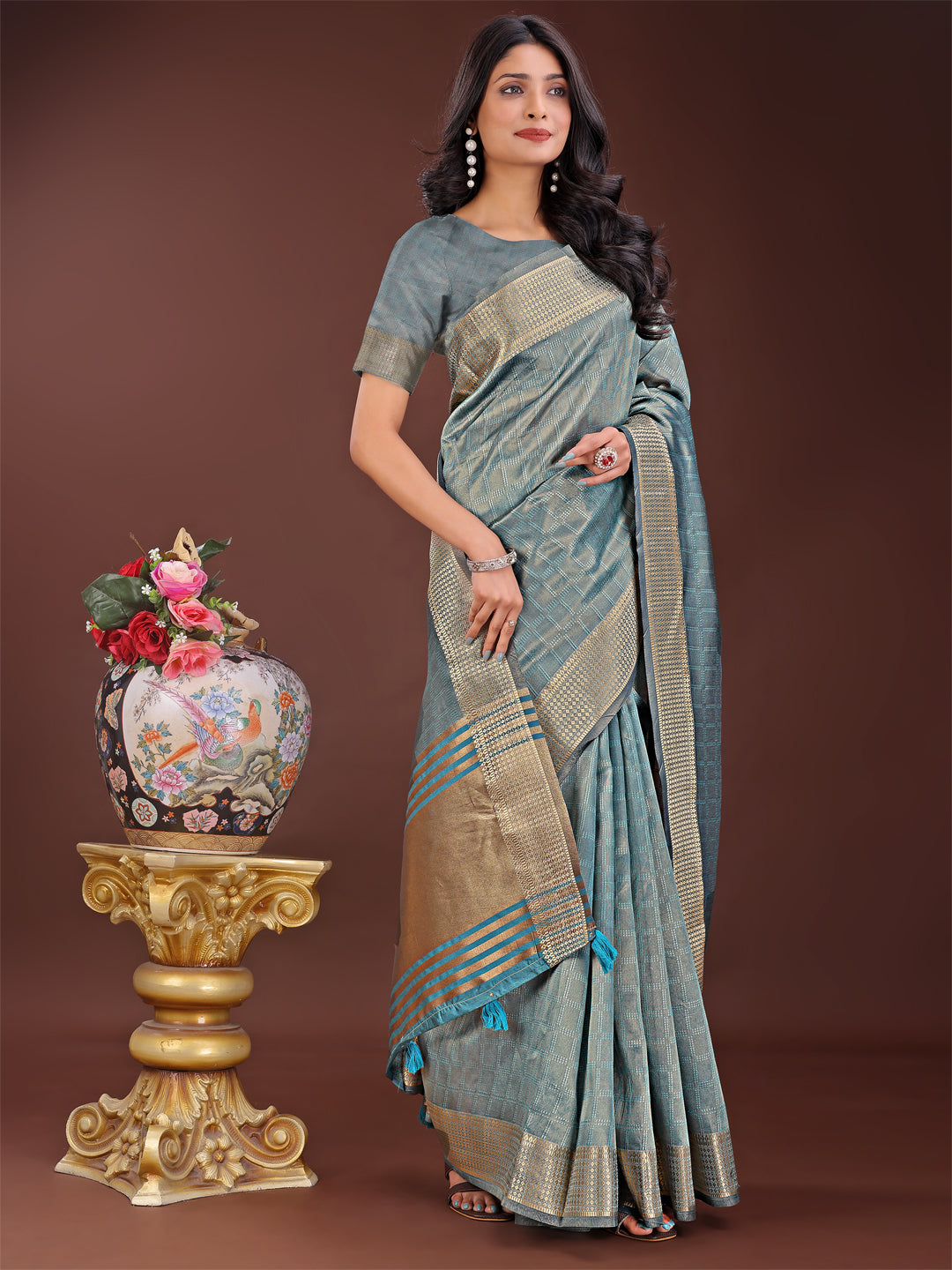 Shree Shyam Fashion Teal Blue Organza Saree with Golden Zari Border | Elegant Soft Lightweight Party Wear Saree with Blouse | Grocsy