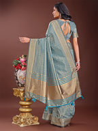 Shree Shyam Fashion Teal Blue Organza Saree with Golden Zari Border | Elegant Soft Lightweight Party Wear Saree with Blouse | Grocsy