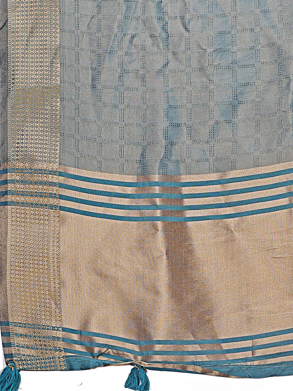Shree Shyam Fashion Teal Blue Organza Saree with Golden Zari Border | Elegant Soft Lightweight Party Wear Saree with Blouse | Grocsy