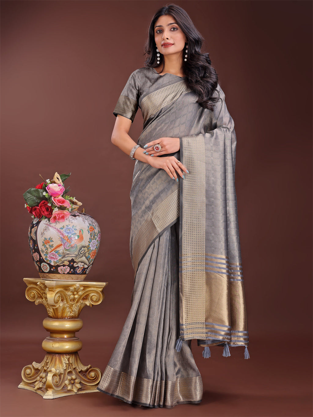 Shree Shyam Fashion Grey Organza Saree with Golden Zari Border | Elegant Soft Lightweight Party Wear Saree with Blouse | Grocsy
