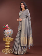 Shree Shyam Fashion Grey Organza Saree with Golden Zari Border | Elegant Soft Lightweight Party Wear Saree with Blouse | Grocsy