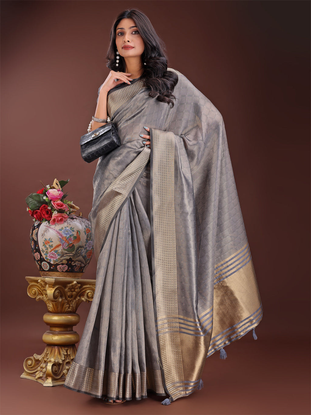 Shree Shyam Fashion Grey Organza Saree with Golden Zari Border | Elegant Soft Lightweight Party Wear Saree with Blouse | Grocsy