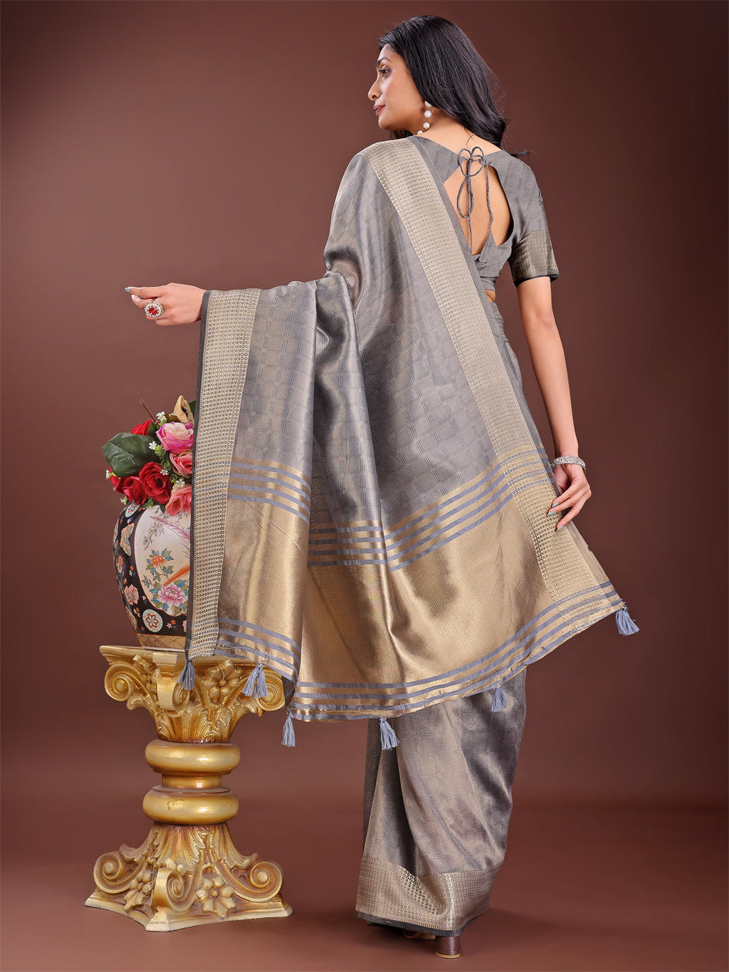 Shree Shyam Fashion Grey Organza Saree with Golden Zari Border | Elegant Soft Lightweight Party Wear Saree with Blouse | Grocsy