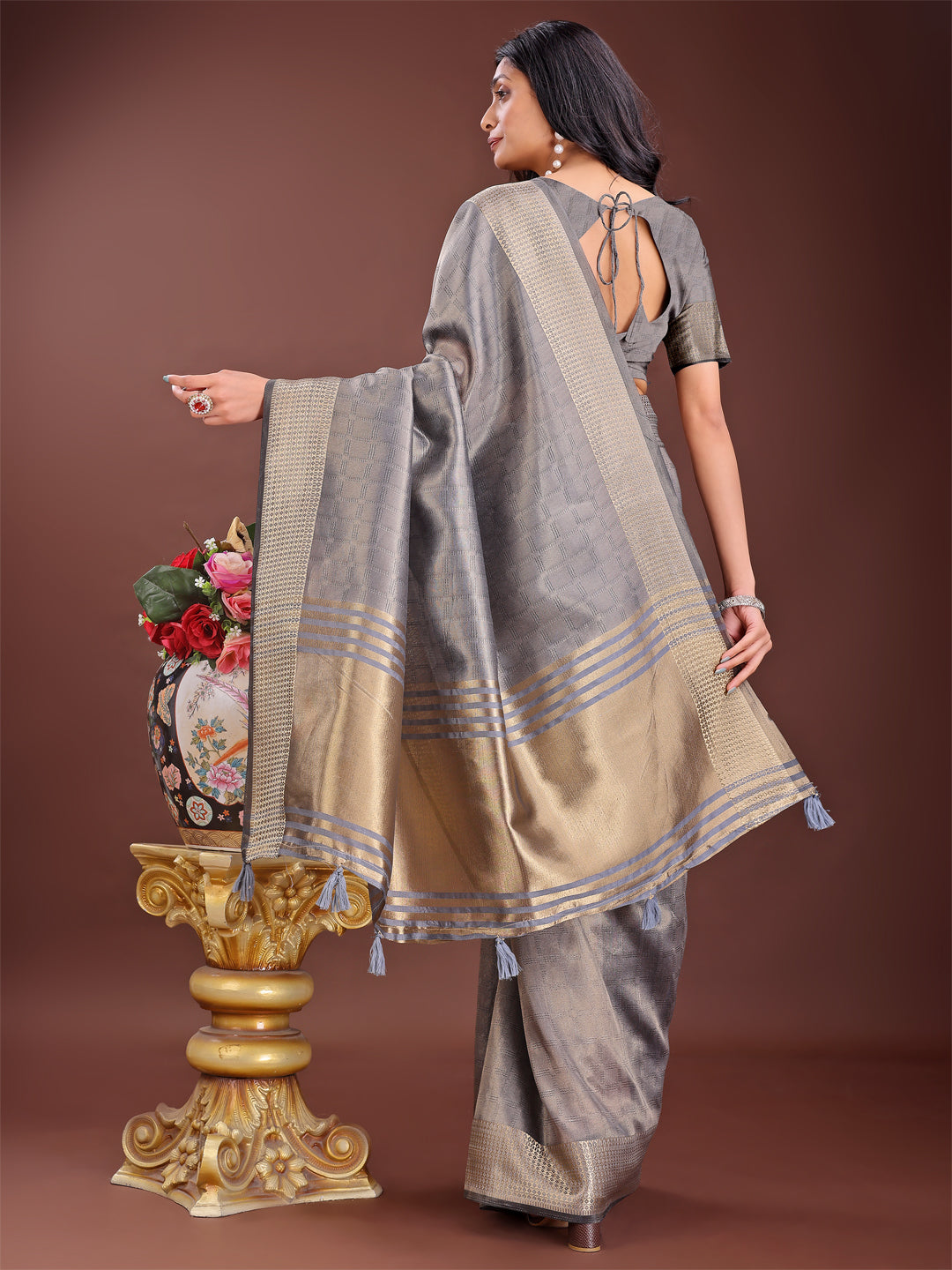 Shree Shyam Fashion Grey Organza Saree with Golden Zari Border | Elegant Soft Lightweight Party Wear Saree with Blouse | Grocsy