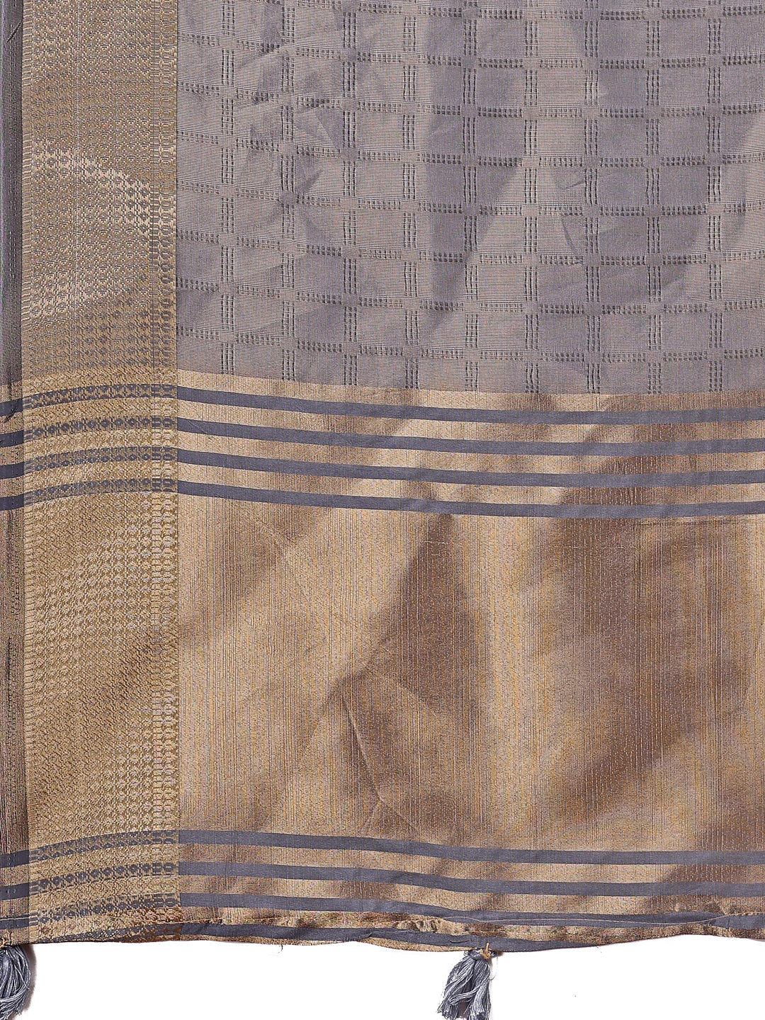 Shree Shyam Fashion Grey Organza Saree with Golden Zari Border | Elegant Soft Lightweight Party Wear Saree with Blouse | Grocsy