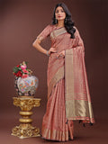 Shree Shyam Fashion Peach Organza Saree with Golden Zari Border | Elegant Soft Lightweight Party Wear Saree with Blouse | Grocsy